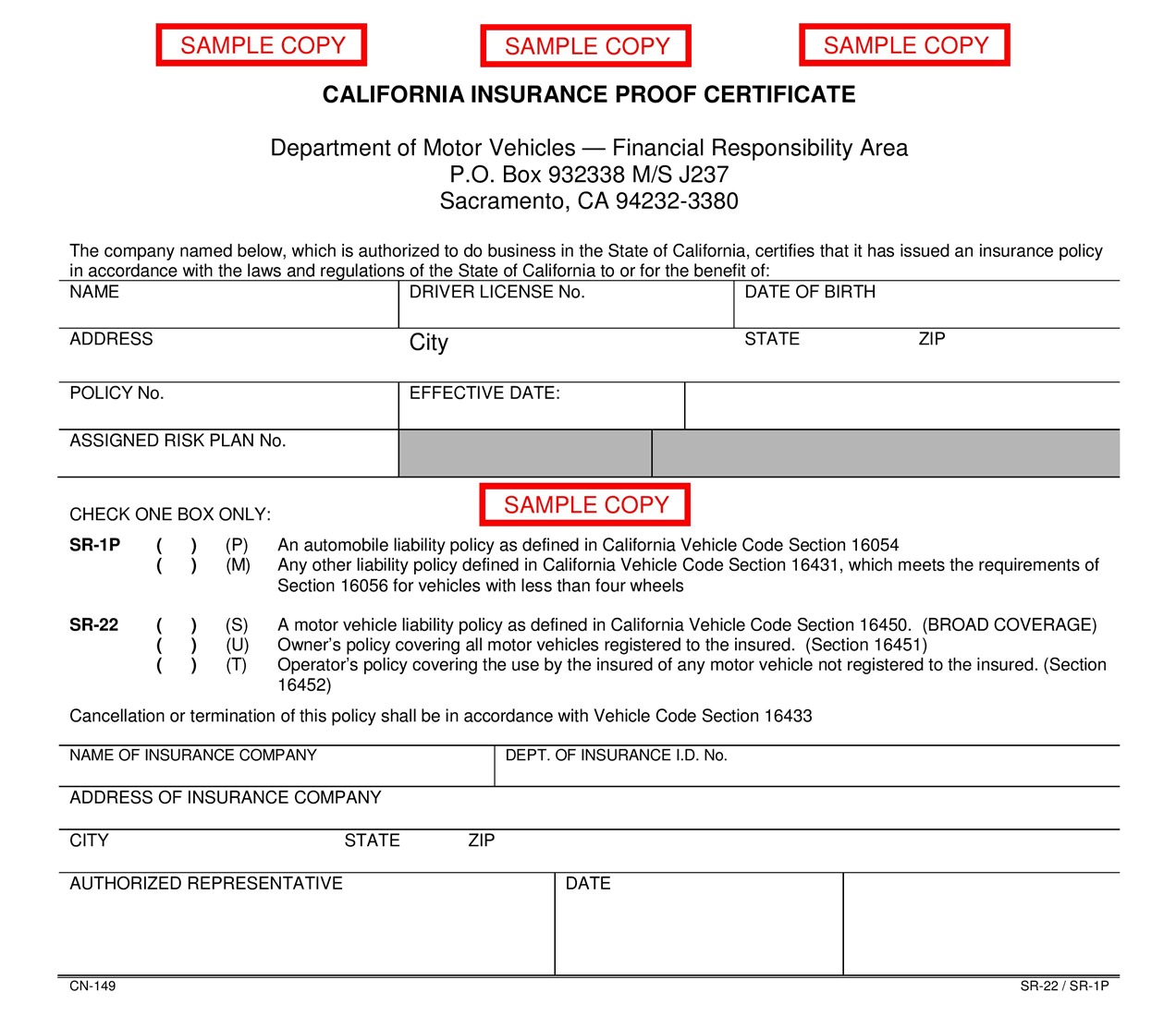 Sample SR-22 California Insurance Proof Certificate (CN-149)